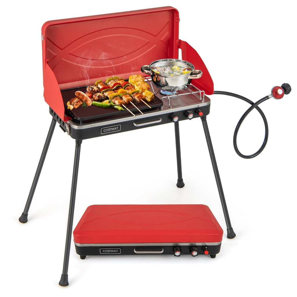 2-in-1 Gas Camping Grill and Stove with Detachable Legs-Black