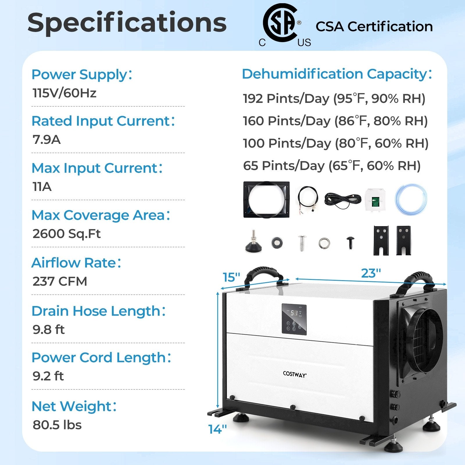 192 Pint Crawl Space Dehumidifier with 3 Modes and 24H Timer-Blue