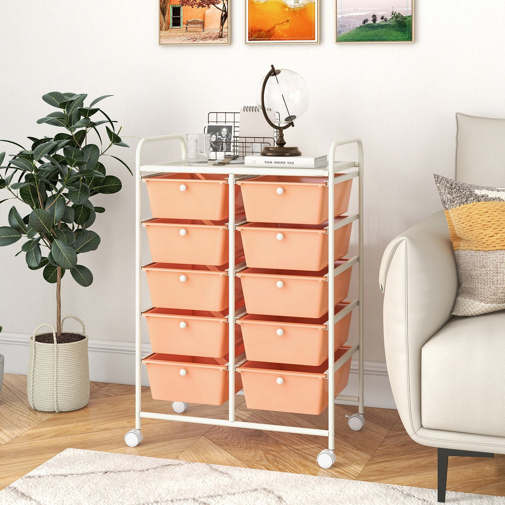 10-Drawer Rolling Storage Cart-Beige & Gray