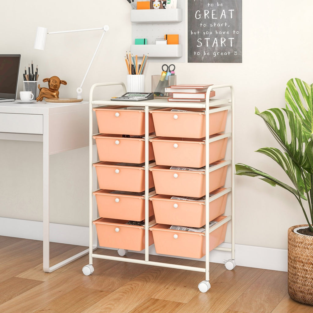 10-Drawer Rolling Storage Cart-Beige & Gray