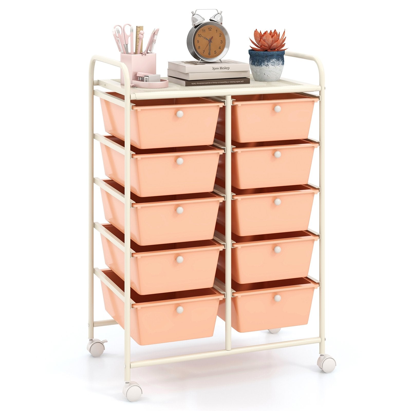 10-Drawer Rolling Storage Cart-Beige & Gray