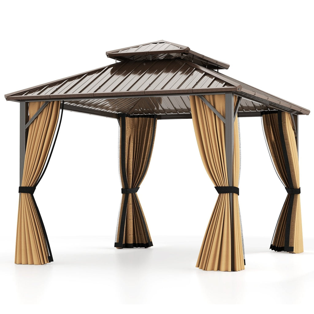 10 x 10 Feet Hardtop Gazebo with Netting and Curtain and Double-Roof Galvanized Metal Top