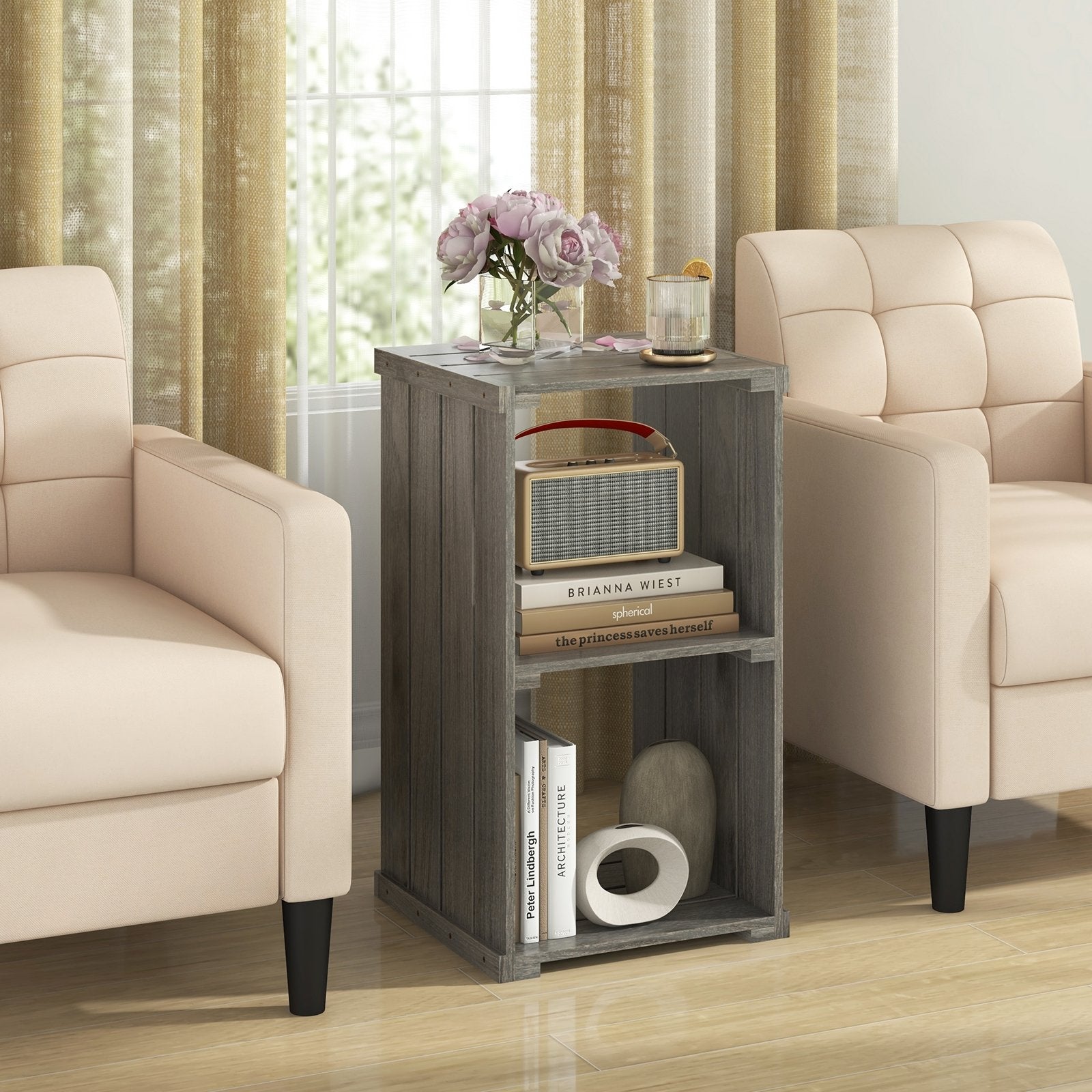 2-Cube Storage Shelf with Open Back and 3-Tier Shelf-Light Brown