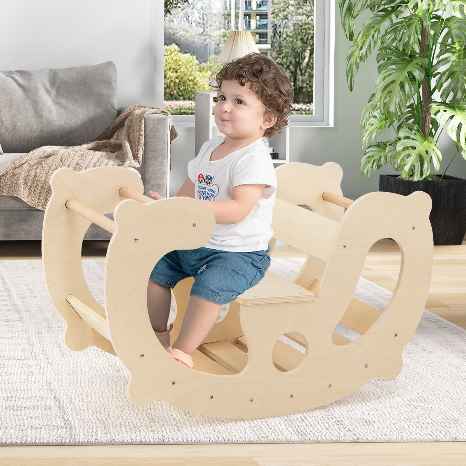 2-in-1 Rocking Horse Arch for Kids Montessori Climbing Toys with Arch Climber-Multicolor