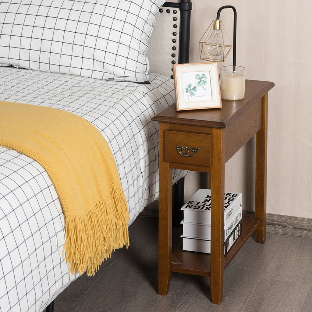2 Tier End Bedside Sofa Side Table Narrow Nightstand-Black