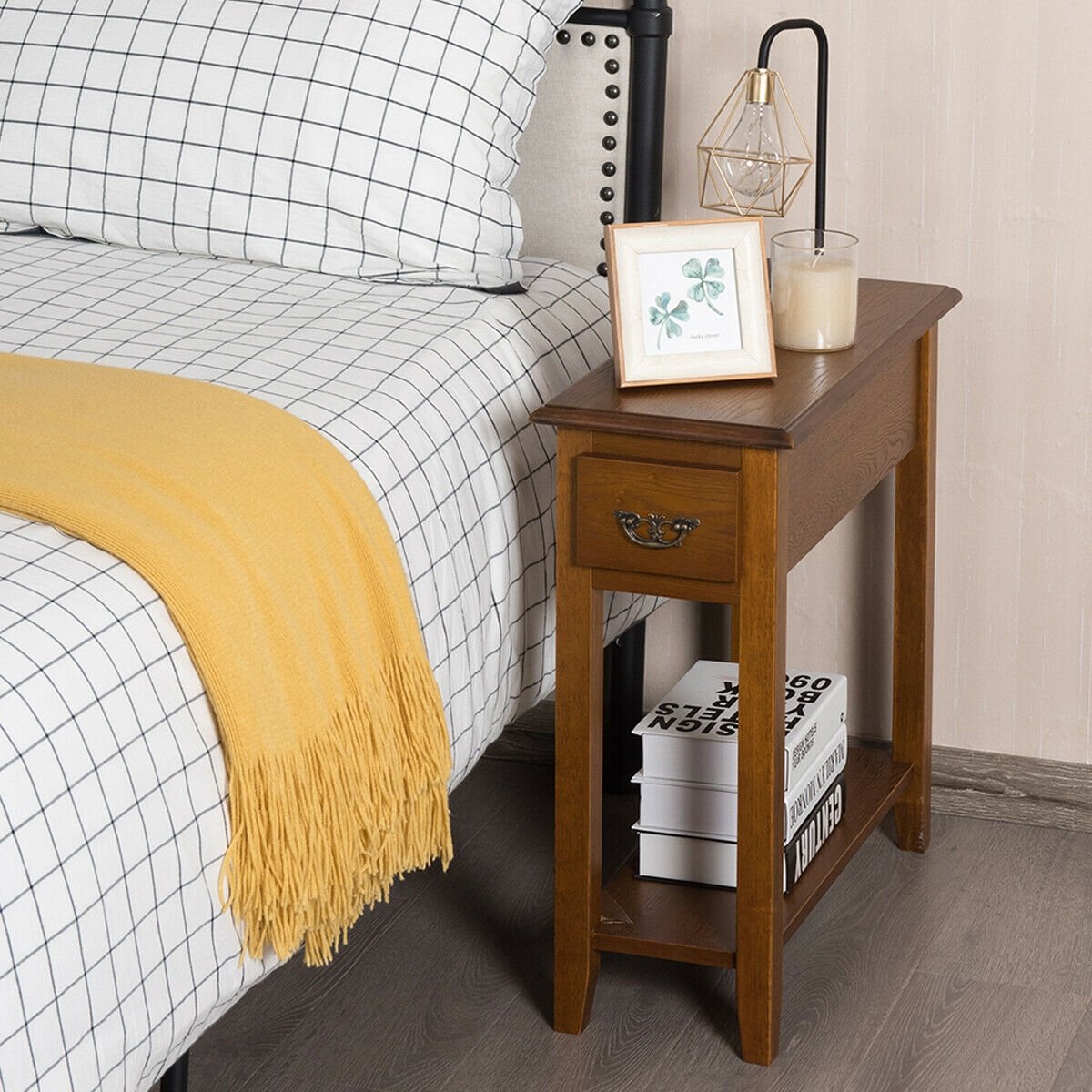 2 Tier End Bedside Sofa Side Table Narrow Nightstand-Black