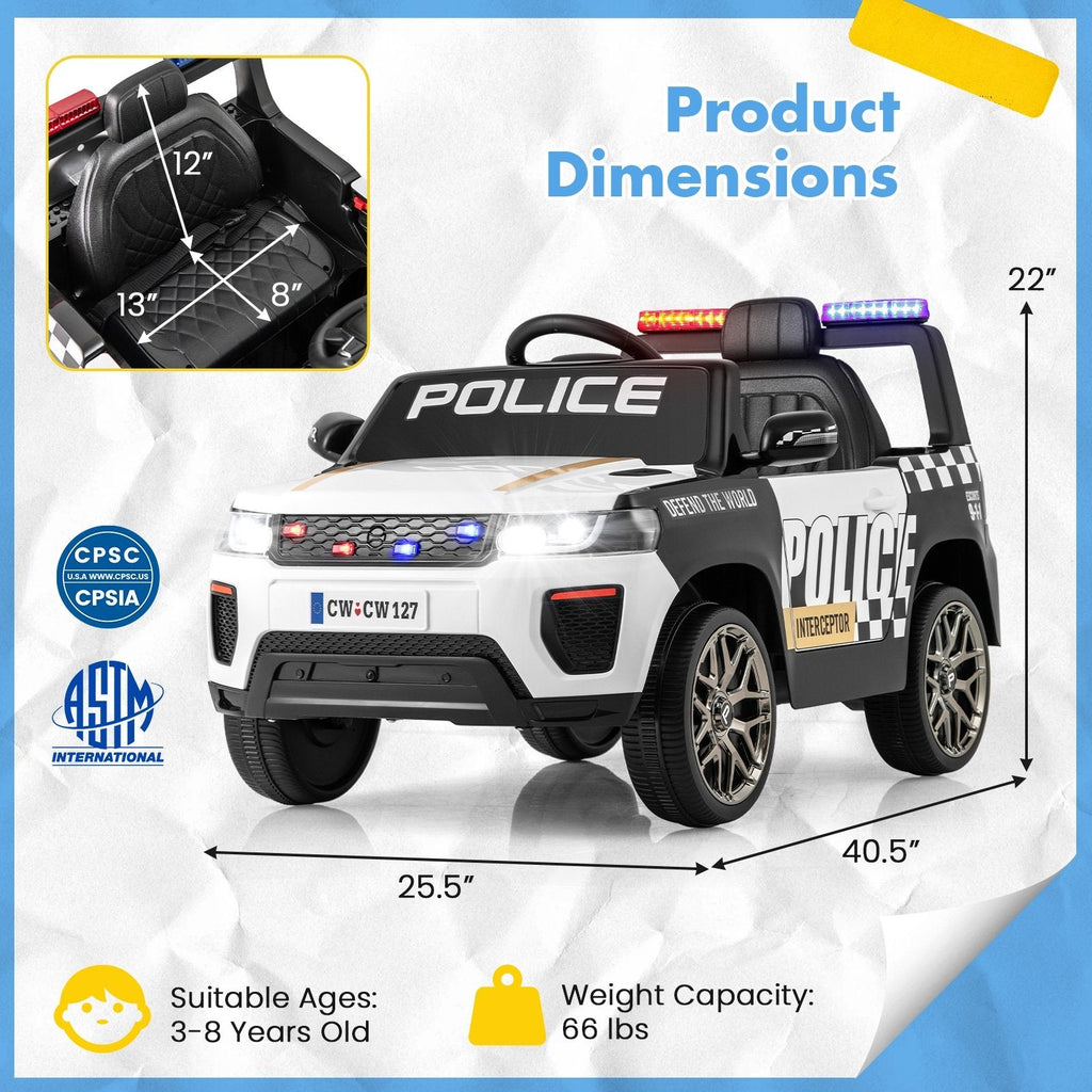 12V Kids Ride on Police Car with Remote and Siren Flashing Lights-Black