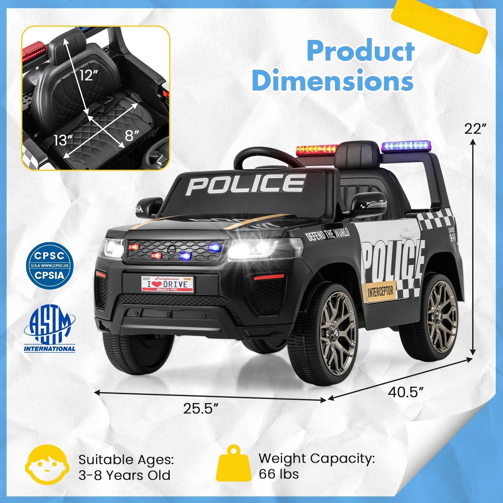 12V Kids Ride on Police Car with Remote and Siren Flashing Lights-Black