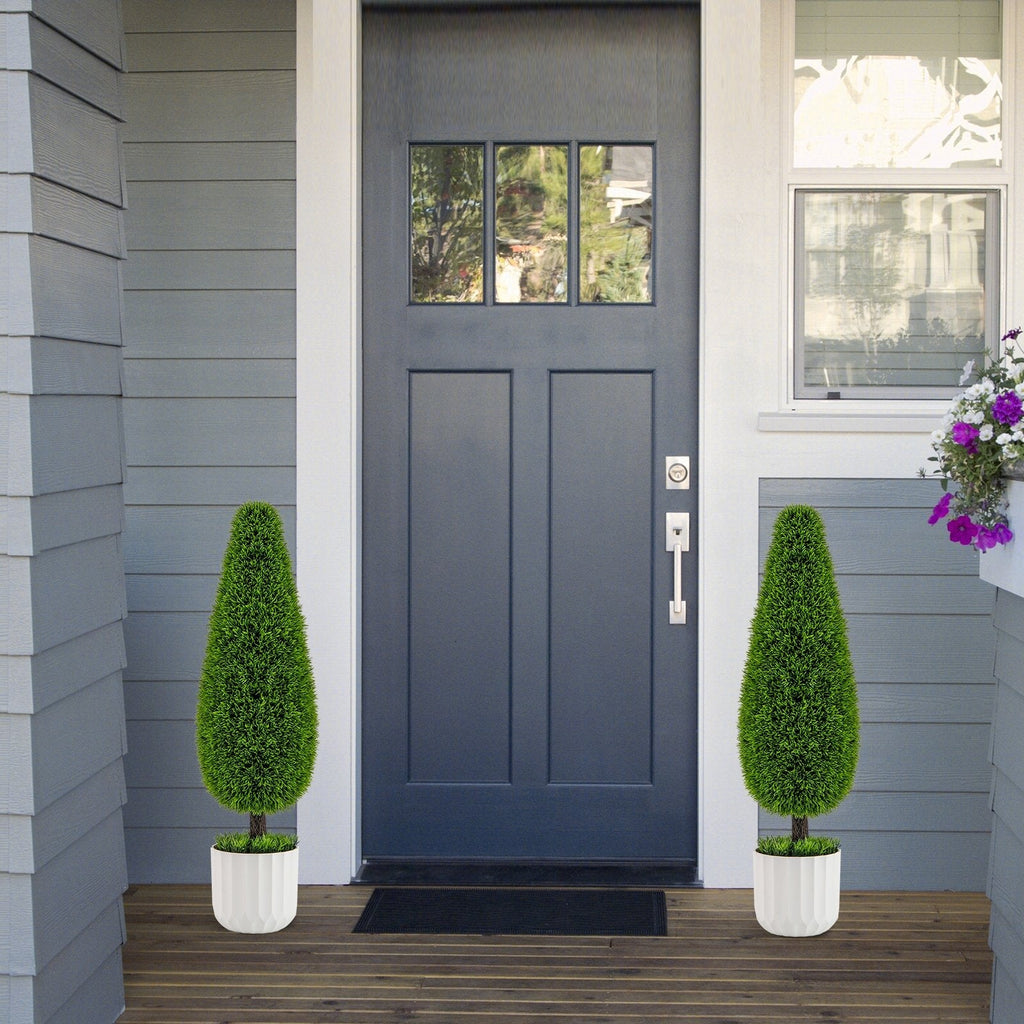 2 Pack 3 Feet Artificial Cedar Teardrop Shaped Bush with Plastic Nursery Pot-Green