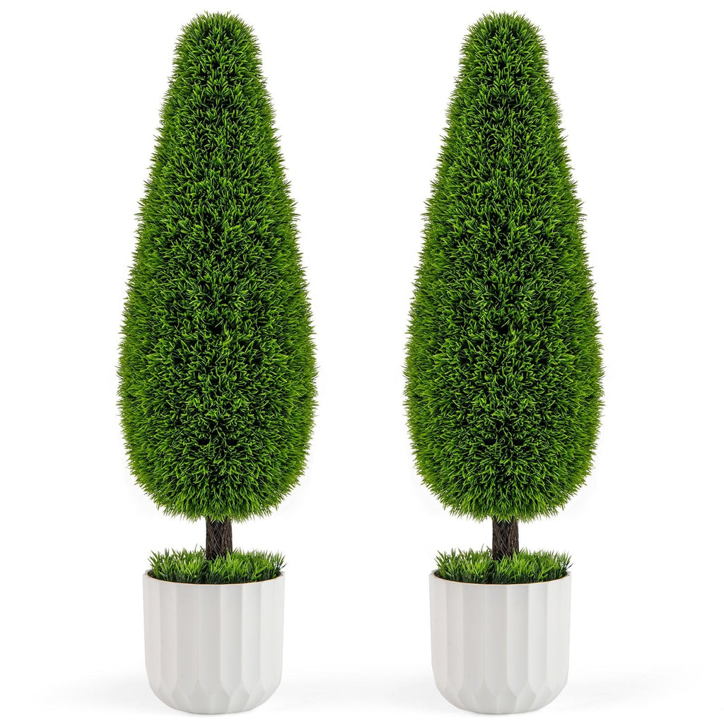 2 Pack 3 Feet Artificial Cedar Teardrop Shaped Bush with Plastic Nursery Pot-Green