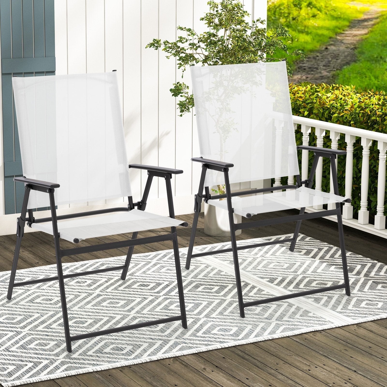 2 Pieces Patio Folding Chairs with Armrests for Deck Garden Yard-Black & Gray