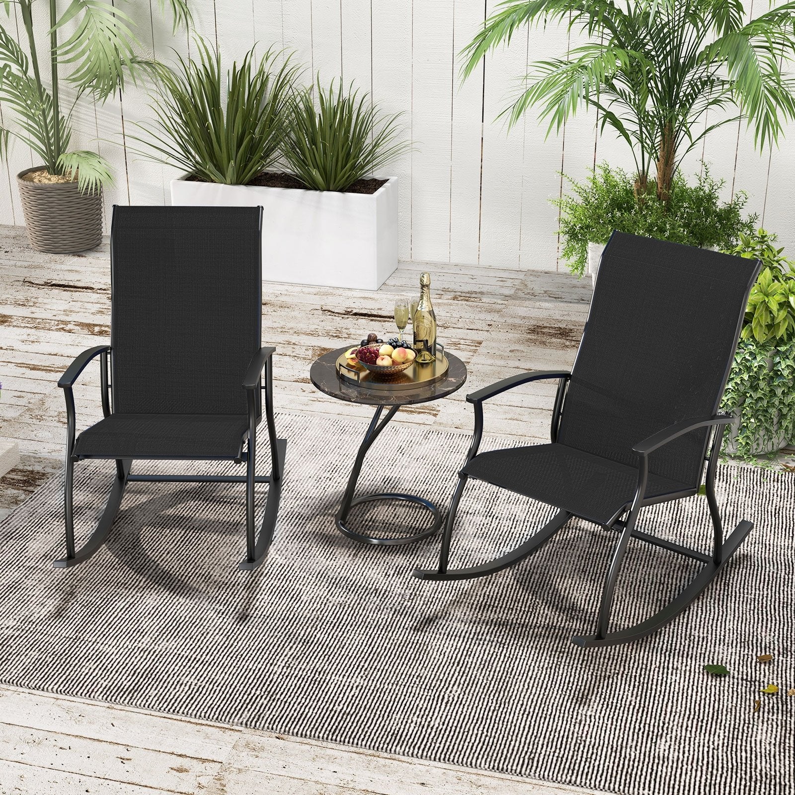 2 Pieces Outdoor Rocking Chairs with Breathable Backrest-Black