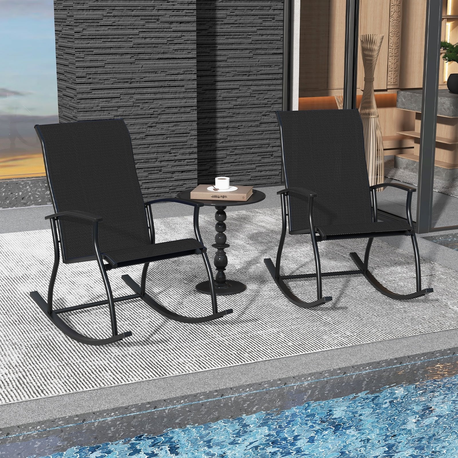 2 Pieces Outdoor Rocking Chairs with Breathable Backrest-Black