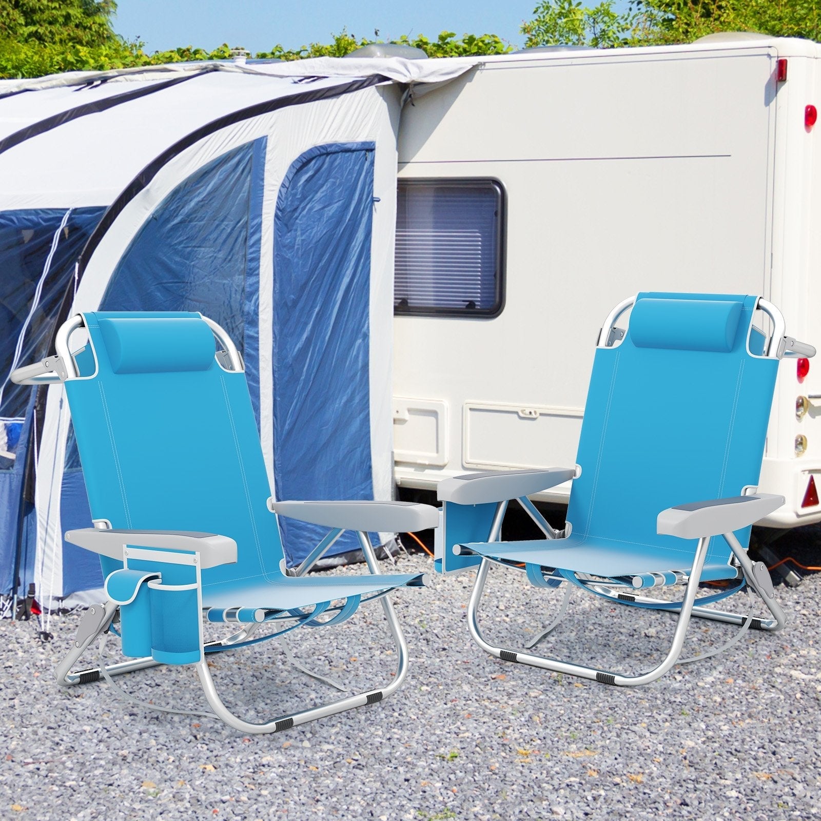 1 Piece Foldable Backpack Beach Chair with Cup Holder and Storage Pockets for Outdoor-Blue