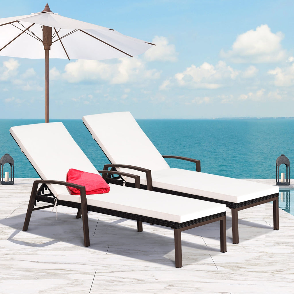 2 Pieces Patio Rattan Reclining Chaise Lounge Chair with Cushion and Armrest-Turquoise and White