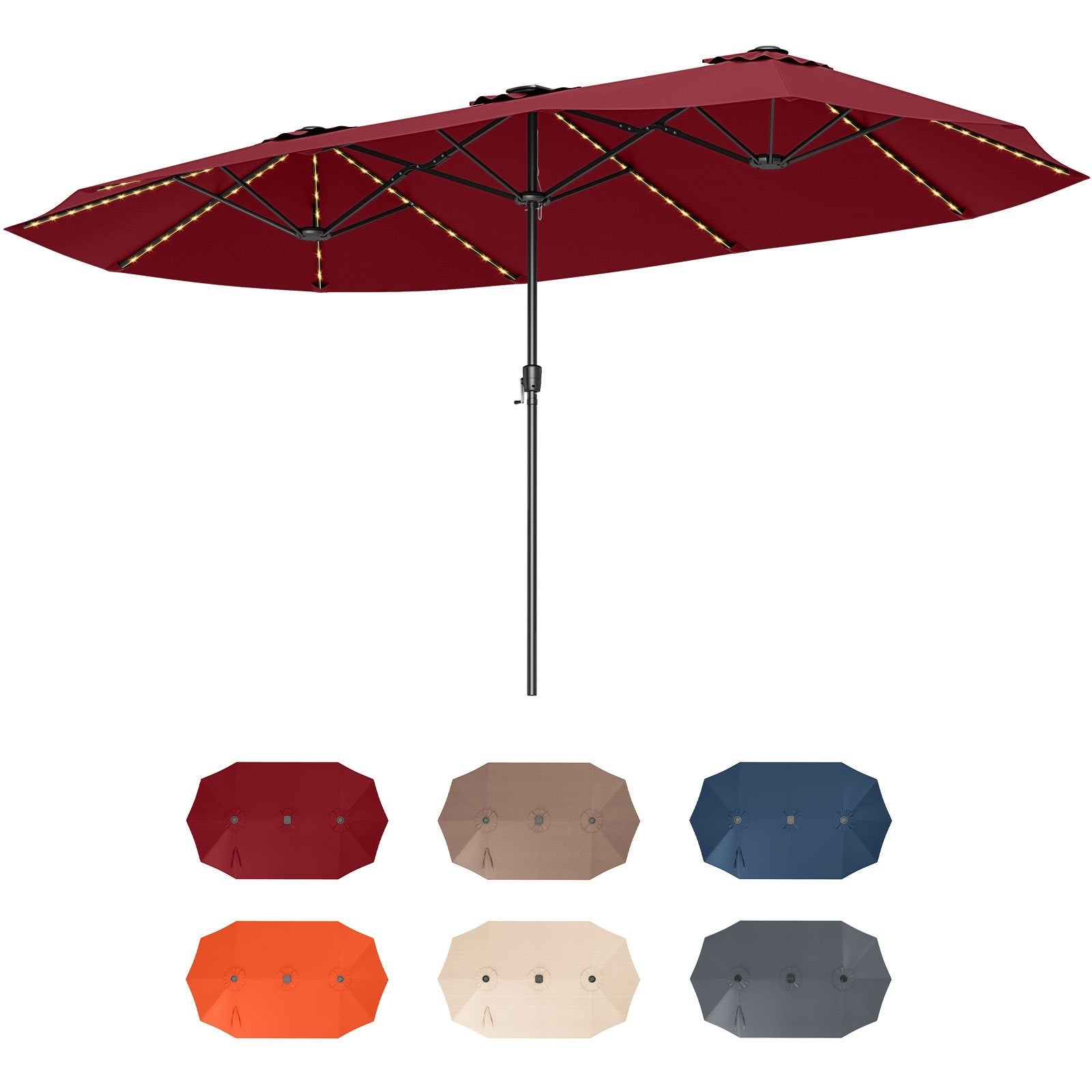 15.5 FT Extra-Large Patio Umbrella with LED Solar Lights and Crank Handle-Beige