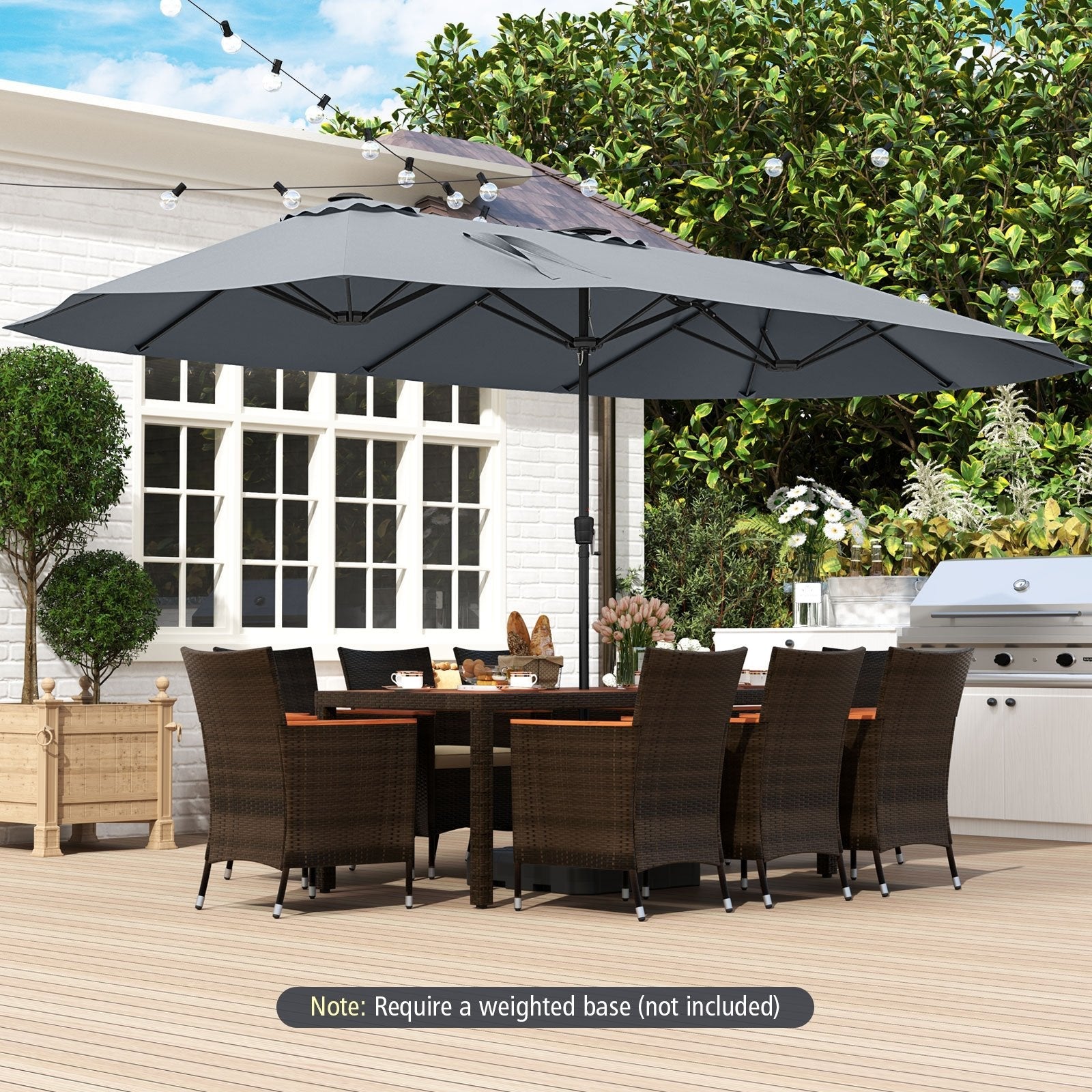 15.5 FT Extra-Large Patio Umbrella with LED Solar Lights and Crank Handle-Beige