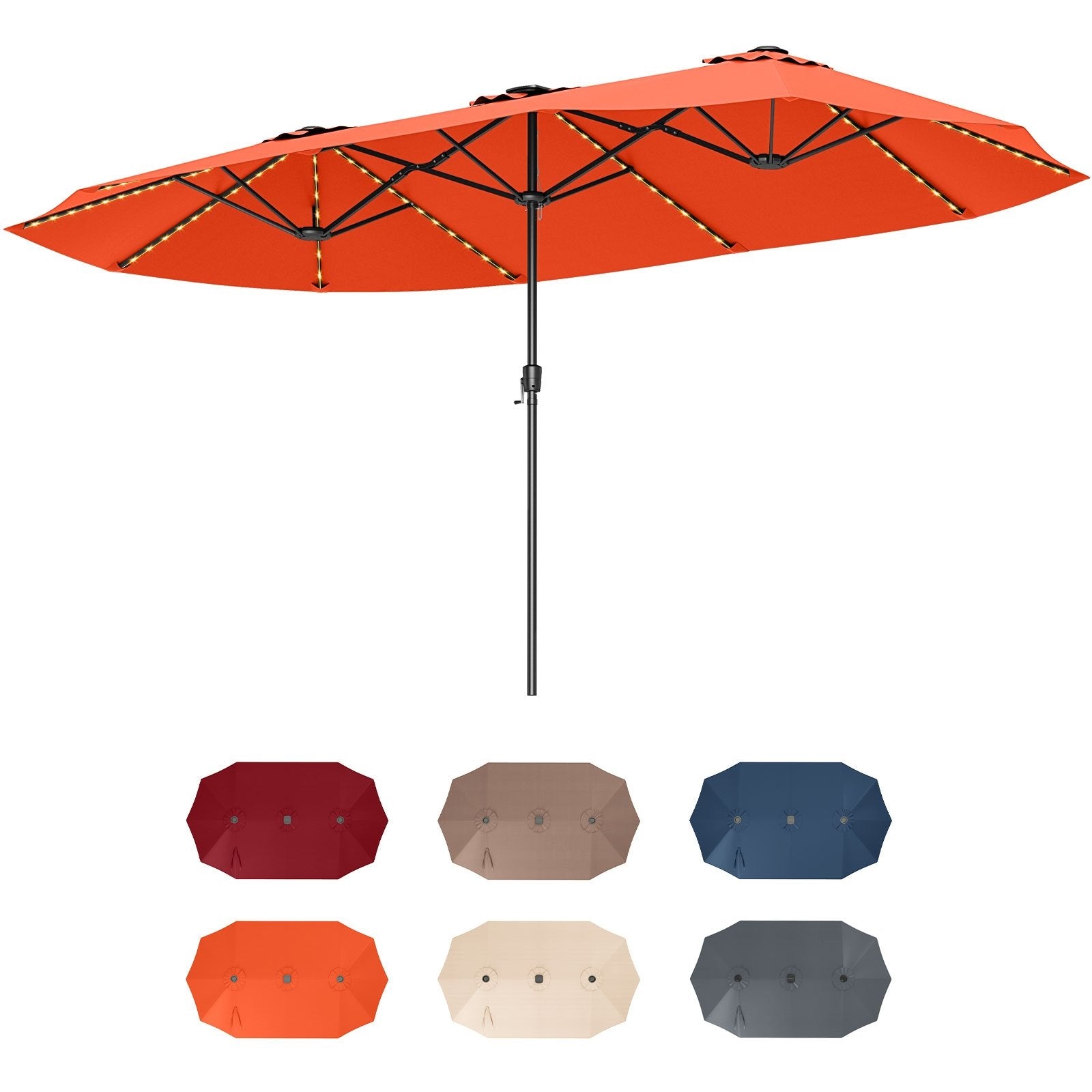 15.5 FT Extra-Large Patio Umbrella with LED Solar Lights and Crank Handle-Beige