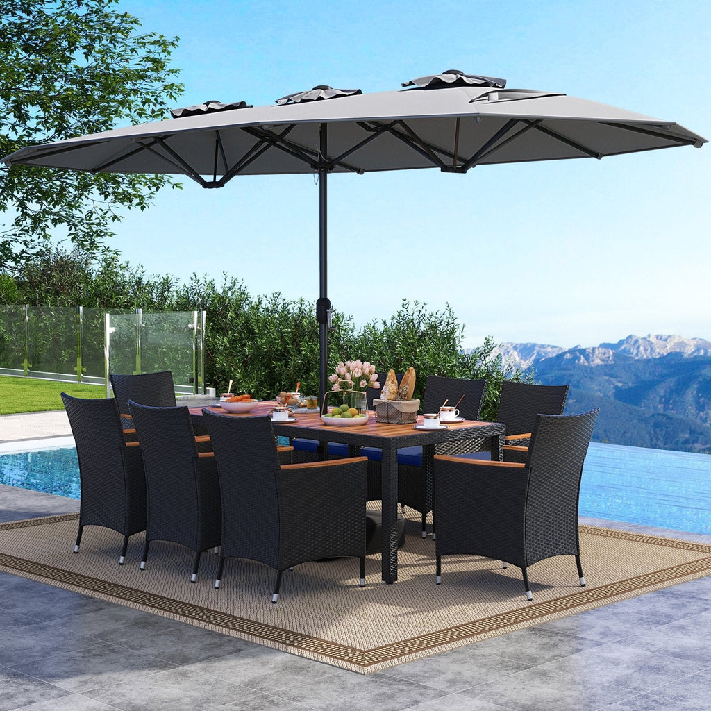 10 Piece Outdoor Patio Dining Set with 15 Feet Double-Sided Twin Umbrella-Beige