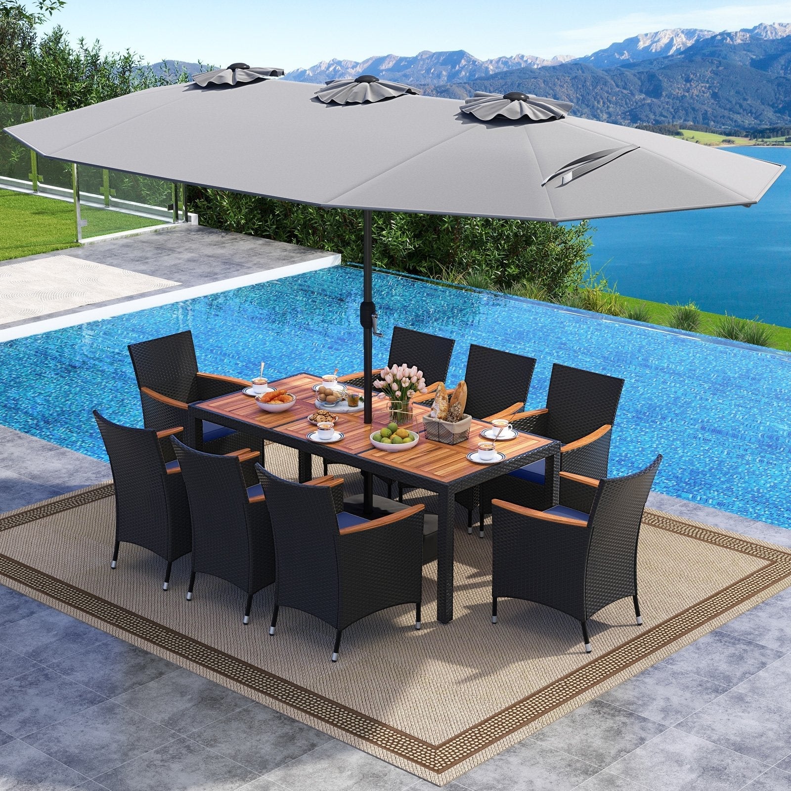 10 Piece Outdoor Patio Dining Set with 15 Feet Double-Sided Twin Umbrella-Beige