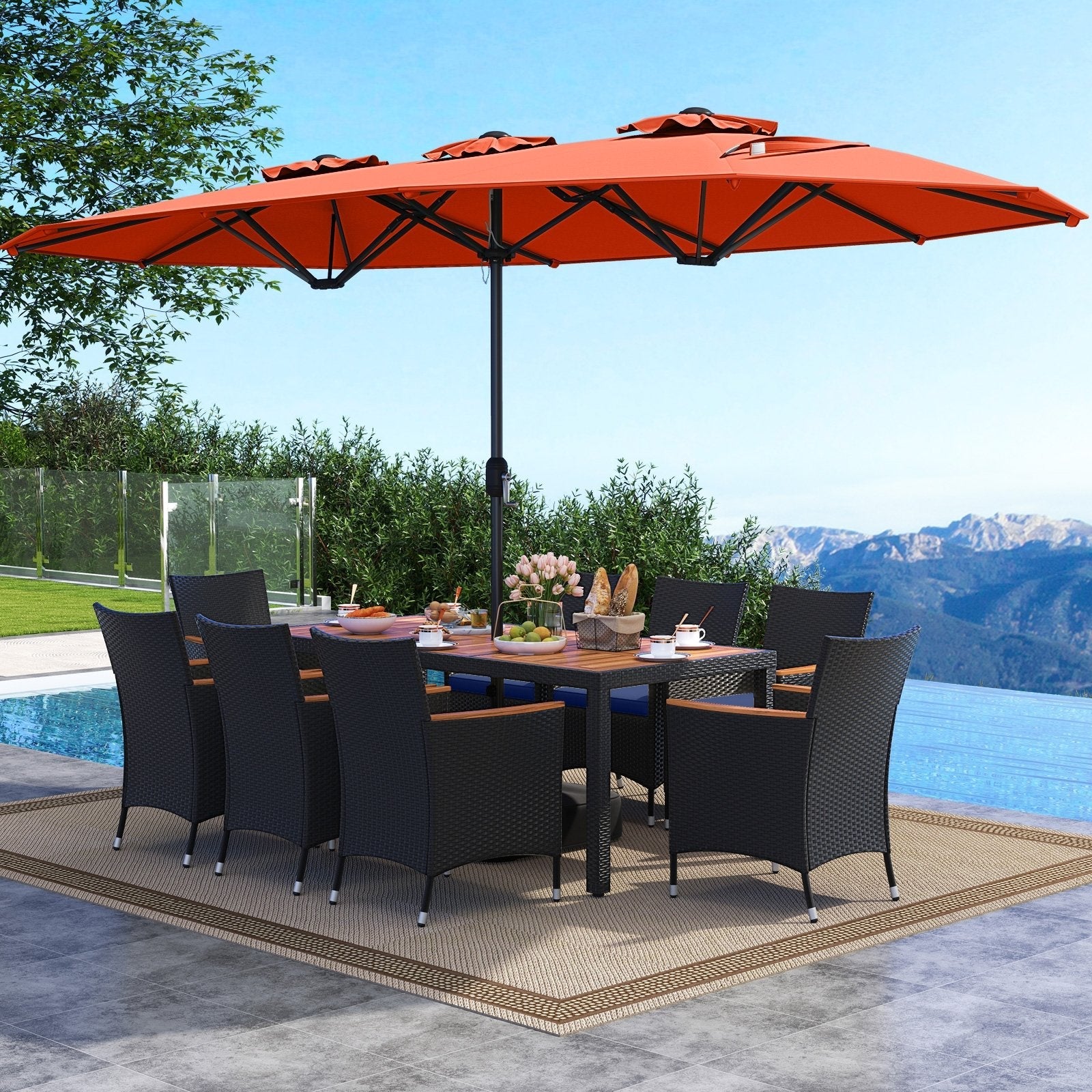 10 Piece Outdoor Patio Dining Set with 15 Feet Double-Sided Twin Umbrella-Beige