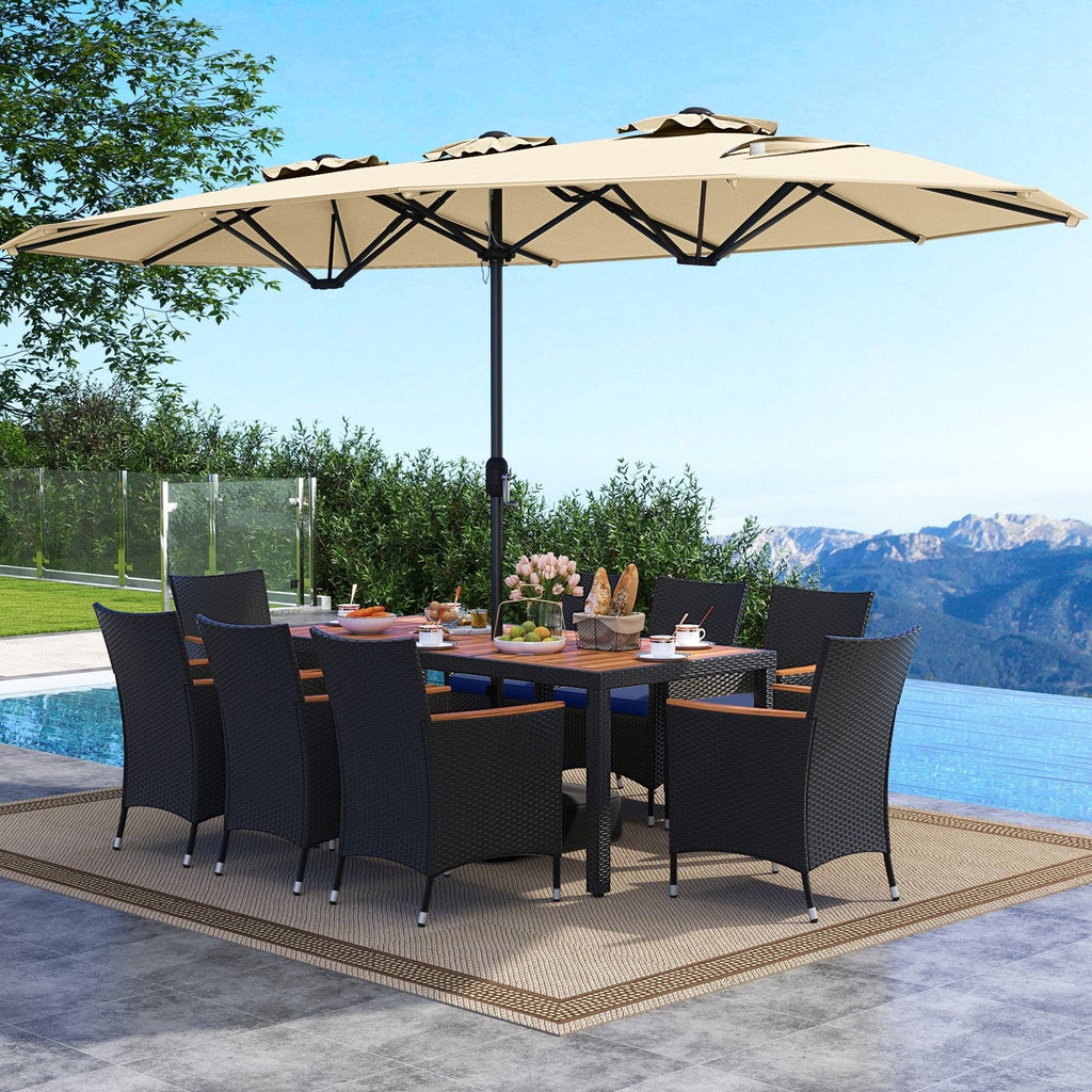 10 Piece Outdoor Patio Dining Set with 15 Feet Double-Sided Twin Umbrella-Beige