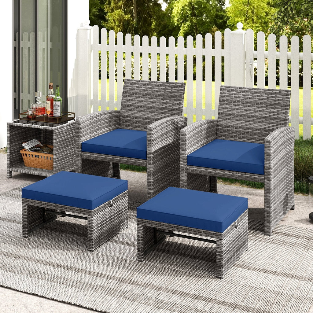 2 Pieces Patio PE Rattan Ottomans with Soft Zippered Cushions for Deck-Black
