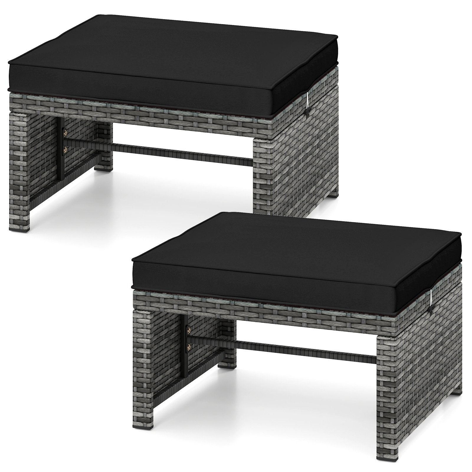 2 Pieces Patio PE Rattan Ottomans with Soft Zippered Cushions for Deck-Black