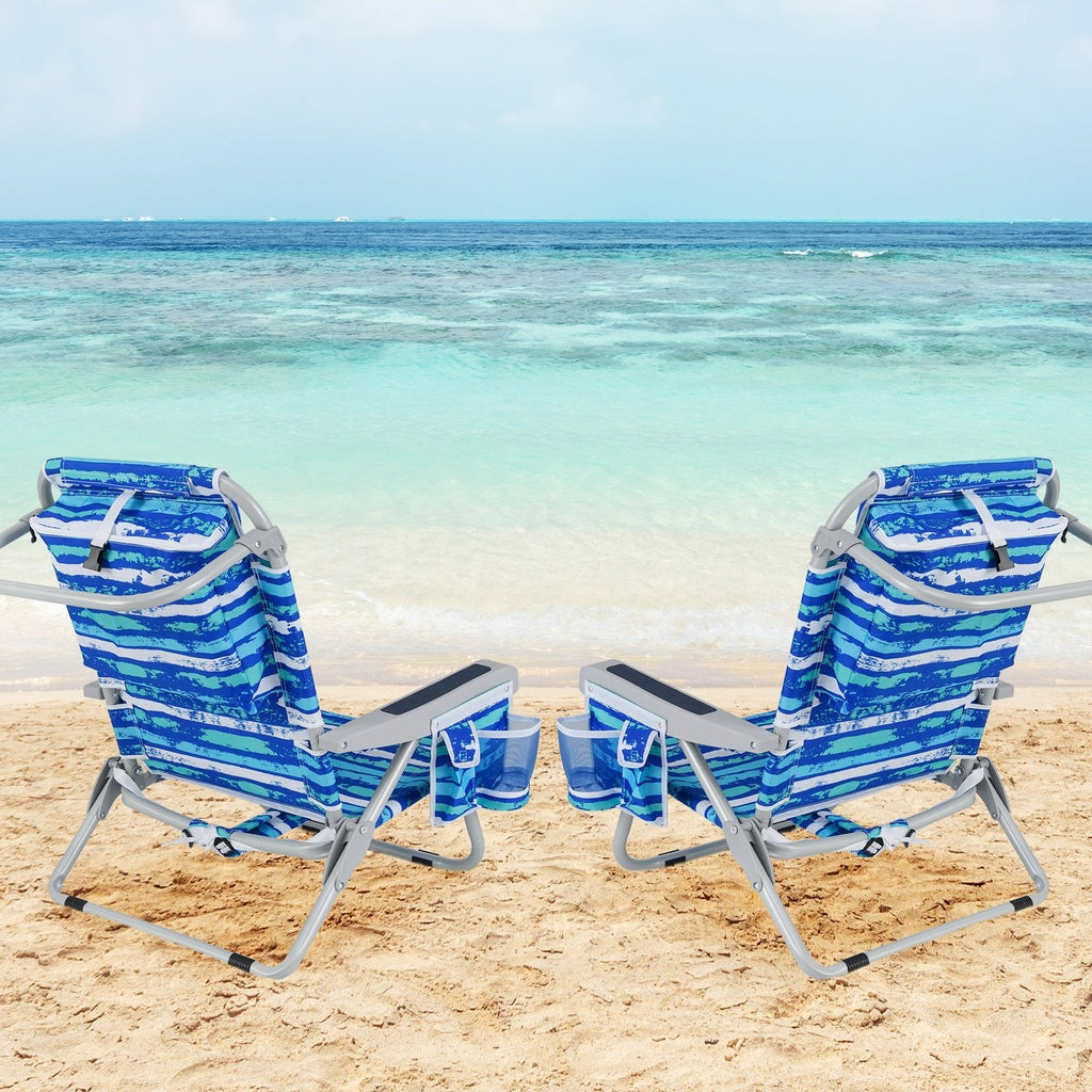 1 Piece Foldable Backpack Beach Chair with Cup Holder and Storage Pockets for Outdoor-Blue