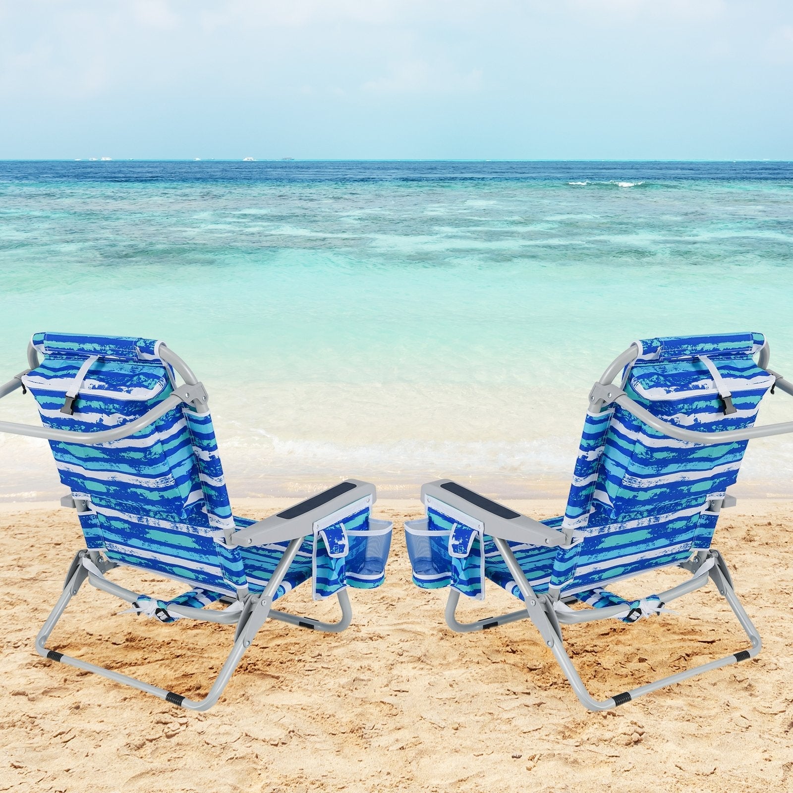 1 Piece Foldable Backpack Beach Chair with Cup Holder and Storage Pockets for Outdoor-Blue