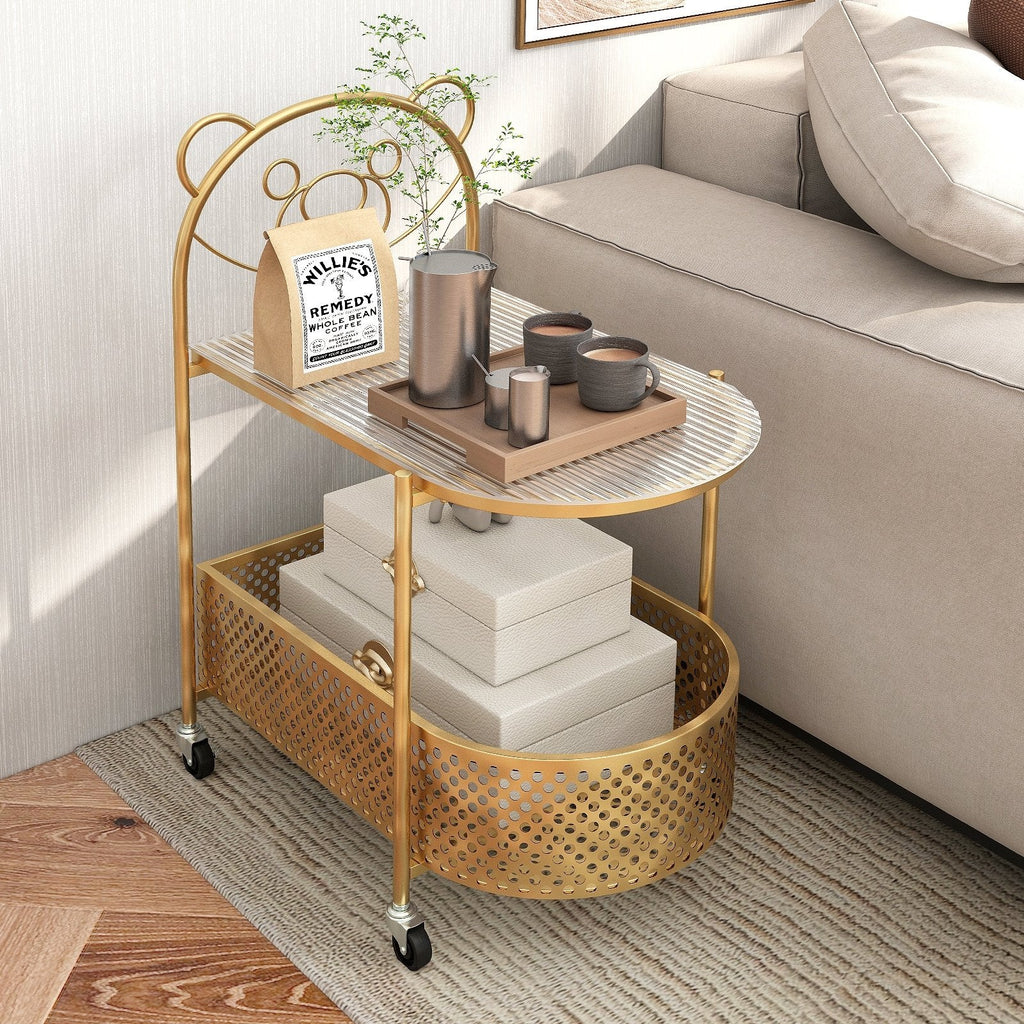 2-Tier Mobile Glass Coffee Table with Bear Pattern-Golden