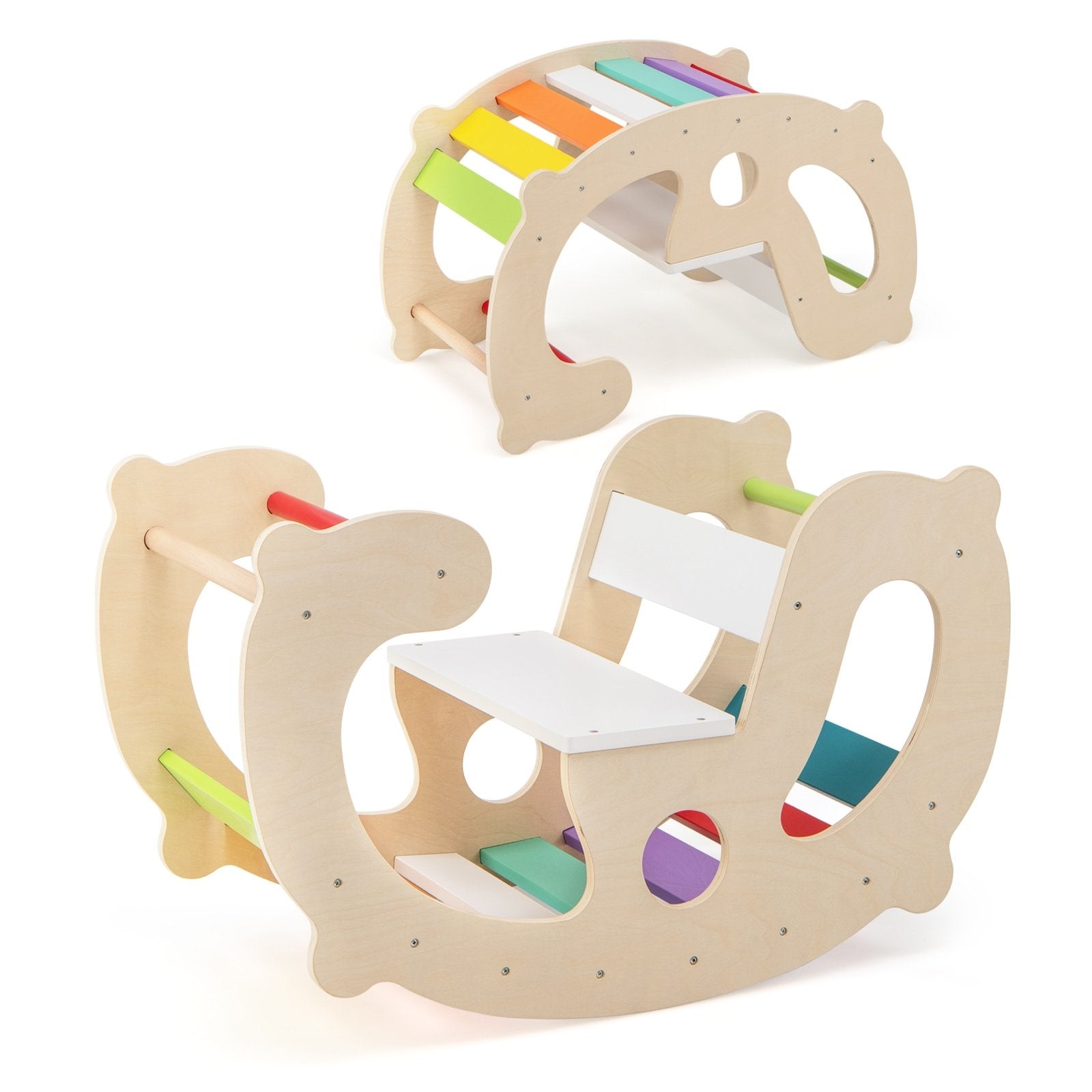 2-in-1 Rocking Horse Arch for Kids Montessori Climbing Toys with Arch Climber-Multicolor