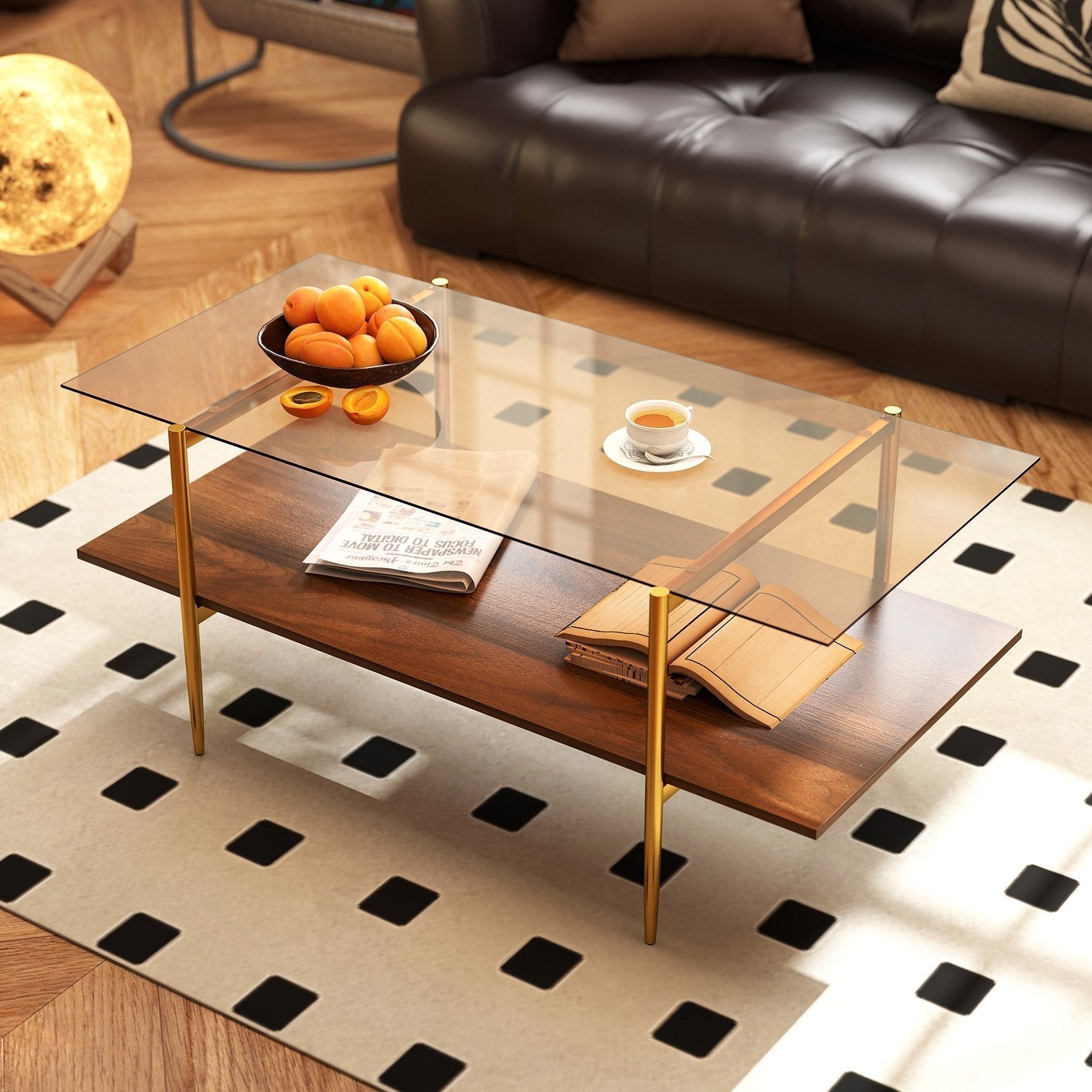 2-Tier Glass Coffee Table with Tampered Glass Tabletop and Open Storage Shelf-Brown