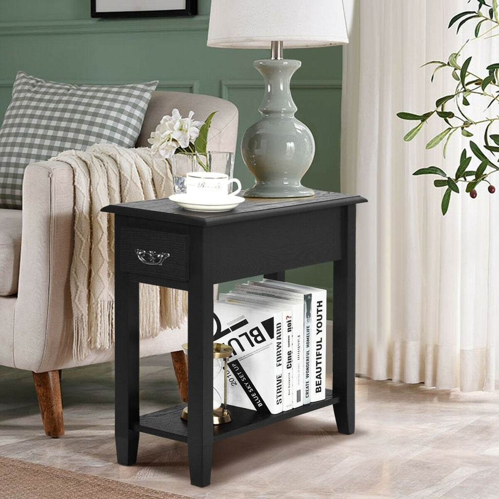 2 Pieces 2 Tier Sofa Side End Table with Drawer and Open Shelf-Black