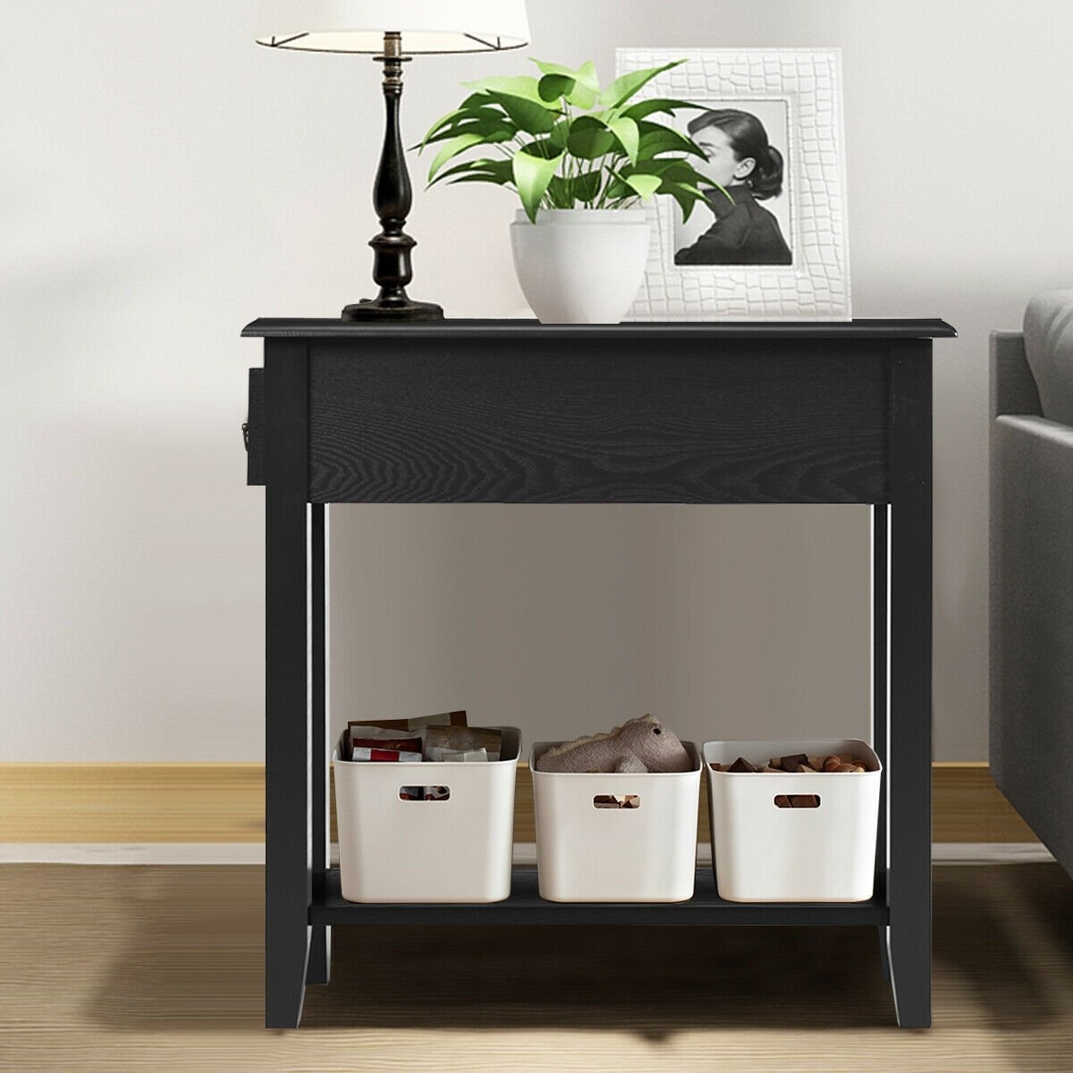 2 Tier End Bedside Sofa Side Table Narrow Nightstand-Black