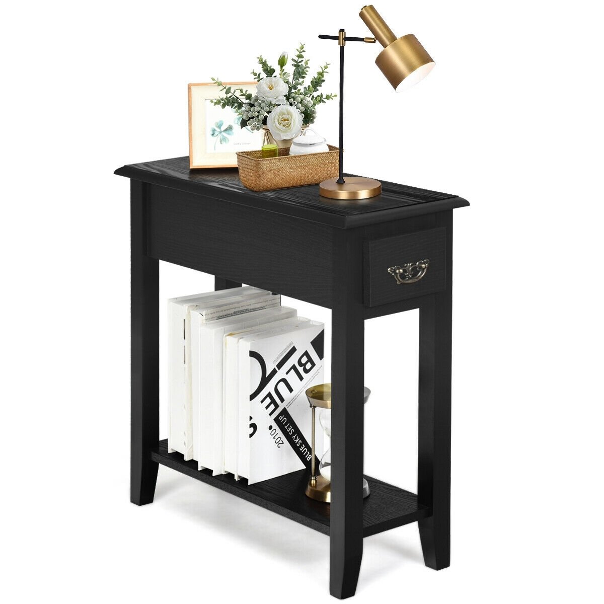 2 Tier End Bedside Sofa Side Table Narrow Nightstand-Black
