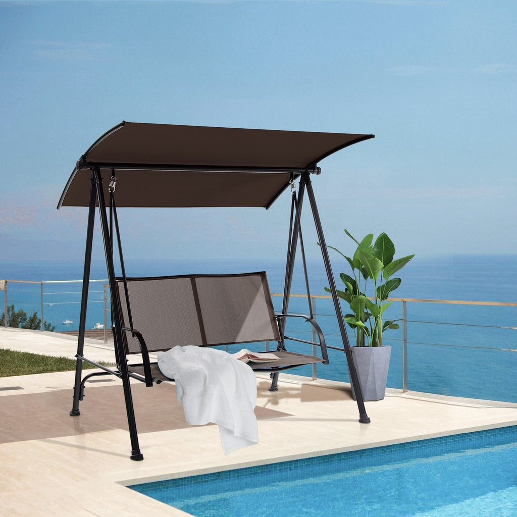 2-Seat Outdoor Canopy Swing with Comfortable Fabric Seat and Heavy-duty Metal Frame-Beige