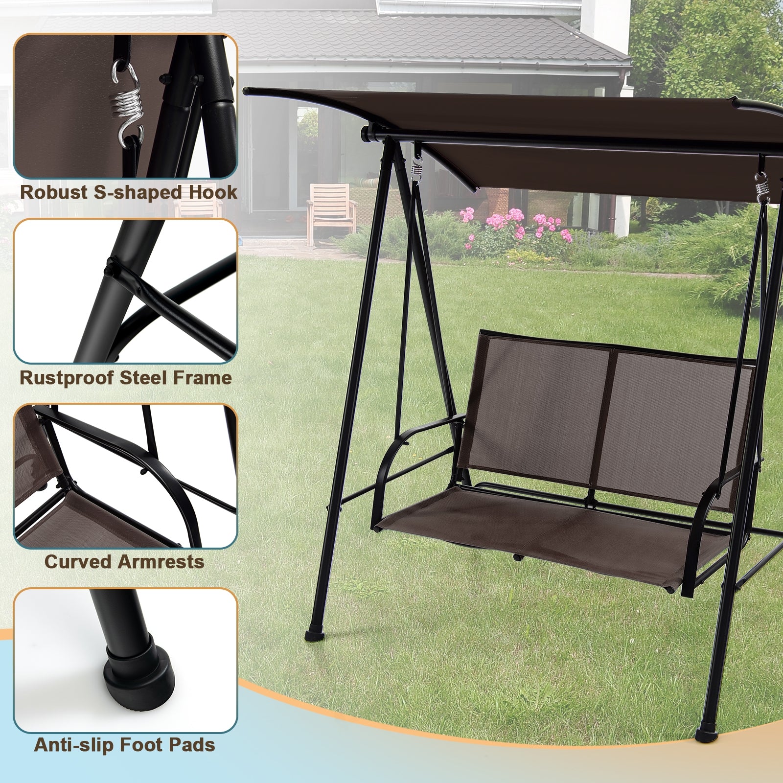 2-Seat Outdoor Canopy Swing with Comfortable Fabric Seat and Heavy-duty Metal Frame-Beige