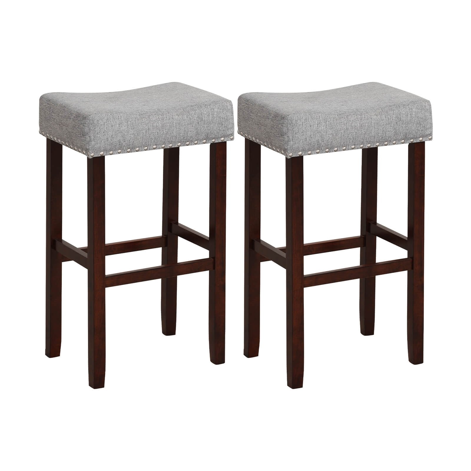 2 Set of 29 Inch Height Upholstered Bar Stool with Solid Rubber Wood Legs and Footrest-Beige