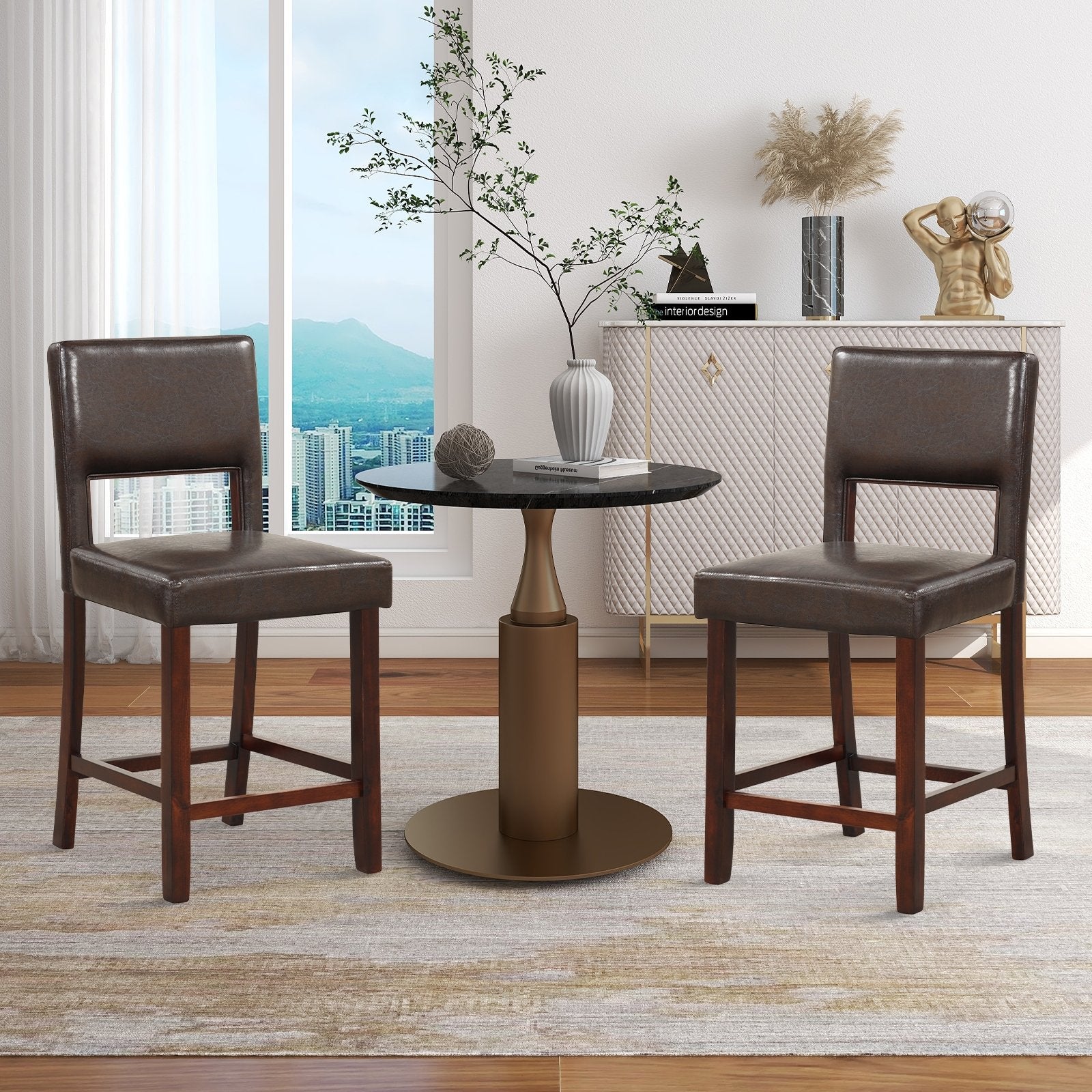 2 Piece Bar Chair Set with Hollowed Back and Rubber Wood Legs-Beige
