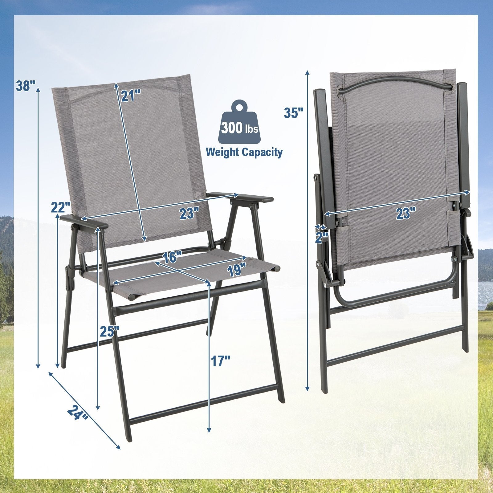 2 Pieces Patio Folding Chairs with Armrests for Deck Garden Yard-Black & Gray