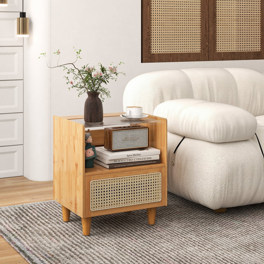 2 Pieces Bamboo Rattan Nightstand with Drawer and Solid Wood Legs-Brown