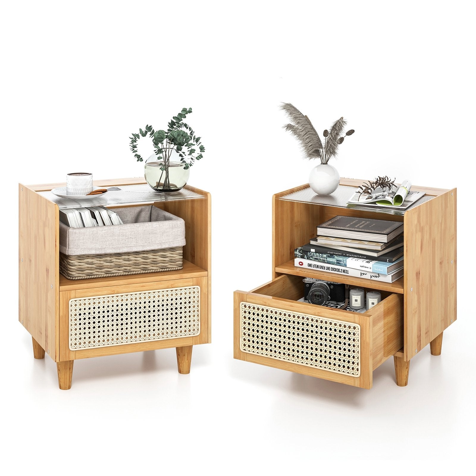 2 Pieces Bamboo Rattan Nightstand with Drawer and Solid Wood Legs-Brown