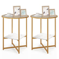 2-Tier Glass End Table Set of 2 with Faux Marble Storage Shelf-White