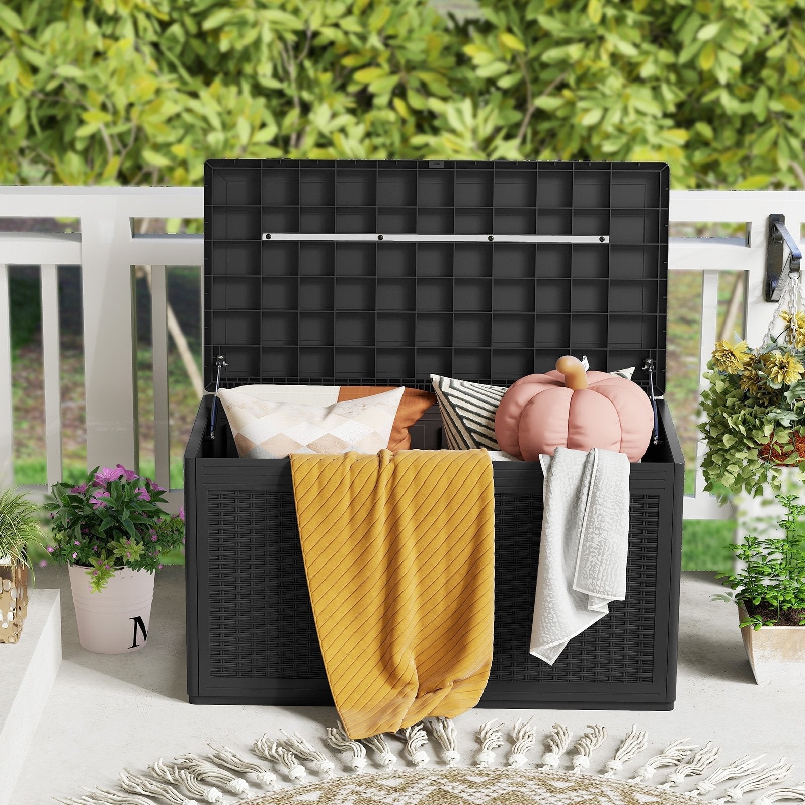 100 Gallon Resin Deck Box Outdoor Waterproof Storage Bench-Black