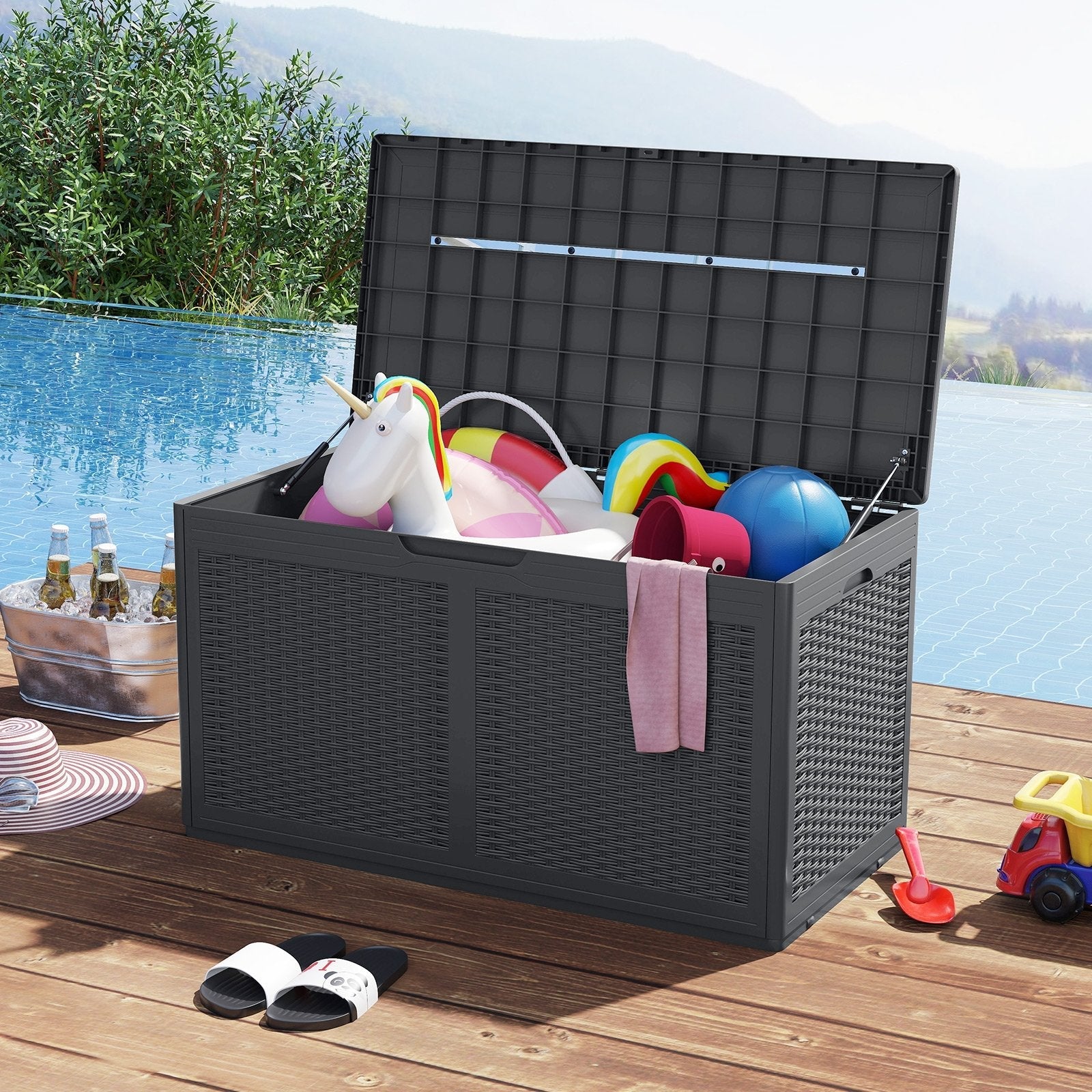 100 Gallon Resin Deck Box Outdoor Waterproof Storage Bench-Black