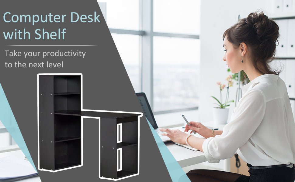 120cm Modern Computer Desk Bookshelf Study Table Workstation PC Laptop Writing Home Office 6 Shelves Black