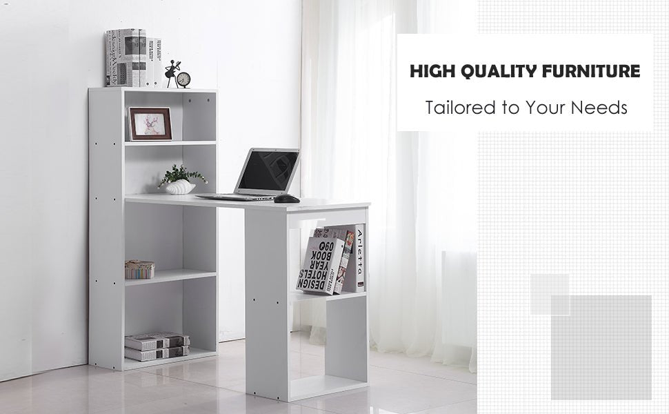 120cm Modern Computer Desk Bookshelf Study Table Workstation PC Laptop Writing Home Office 6 Shelves White