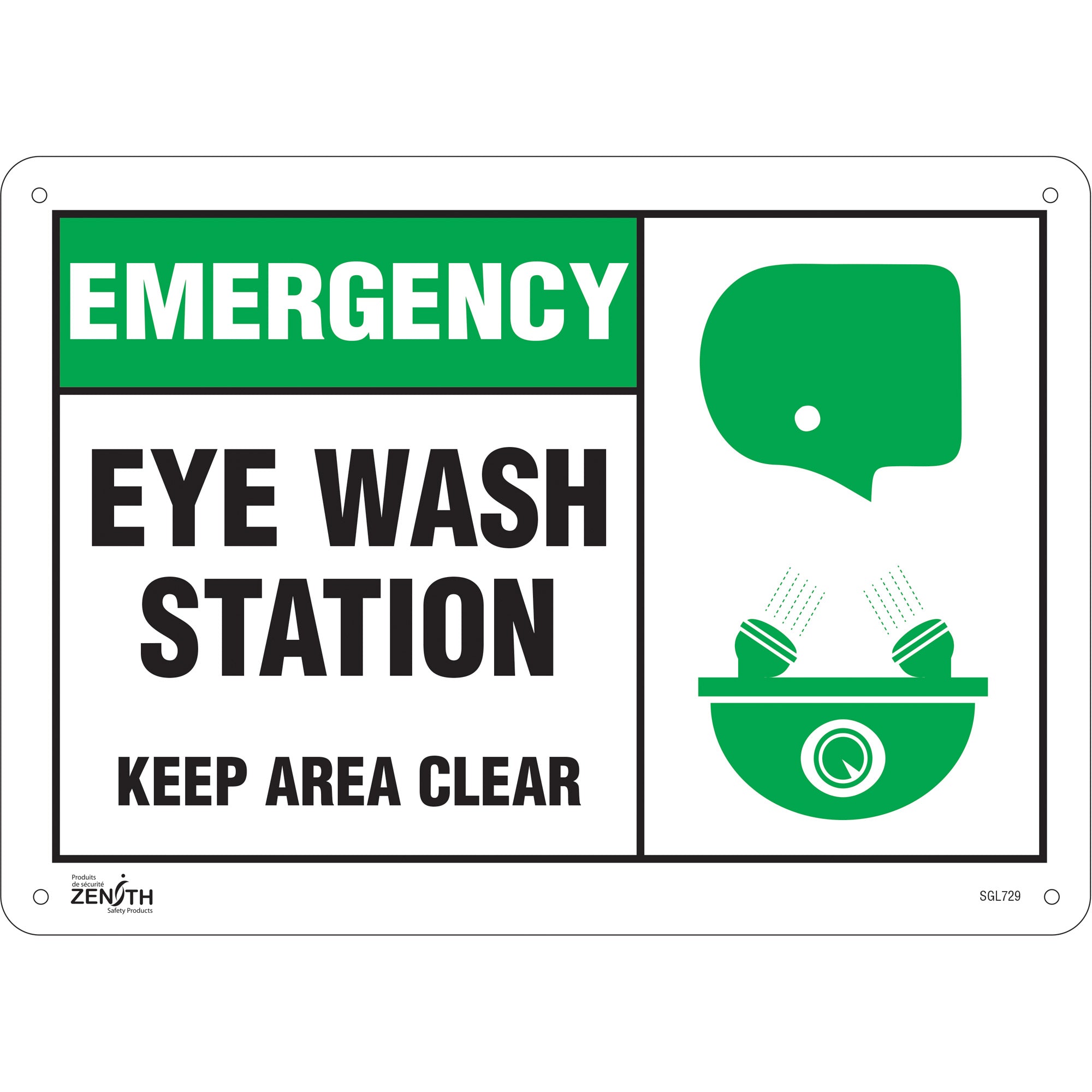 "Eye wash Station Keep Area Clear" Sign, 10" x 14", Plastic, English with Pictogram