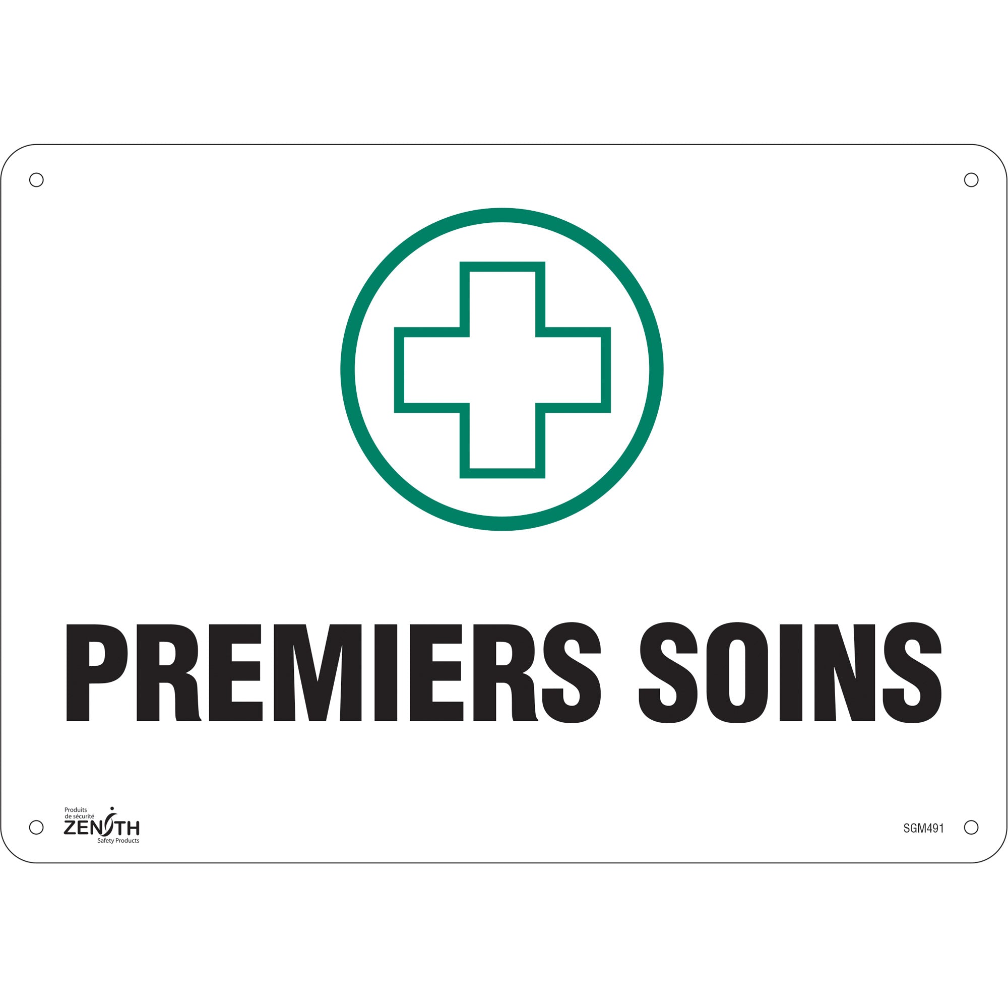 "Premiers Soins" Sign, 10" x 14", Plastic, French with Pictogram